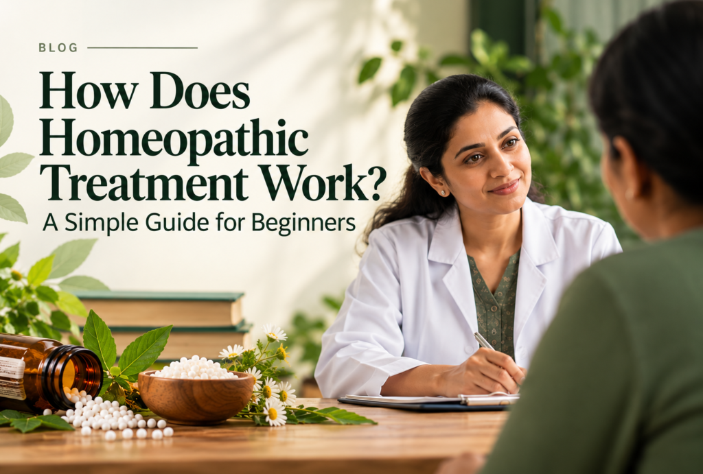 Homeopathic treatment consultation with a doctor and patient, homeopathic medicines and pellets
