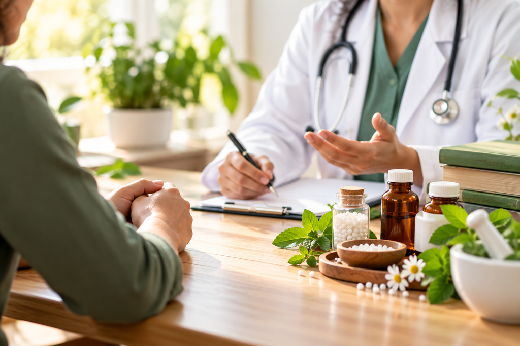 Homeopathy consultation between a doctor and patient with homeopathic medicines