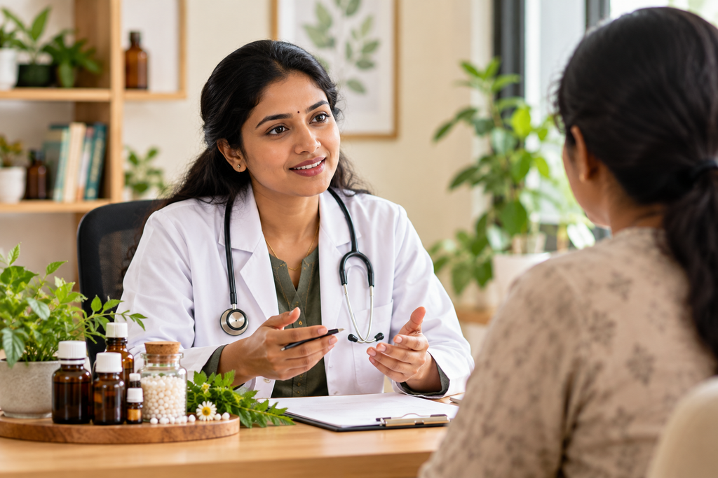 Homeopathy consultation between a doctor and patient with homeopathic medicines