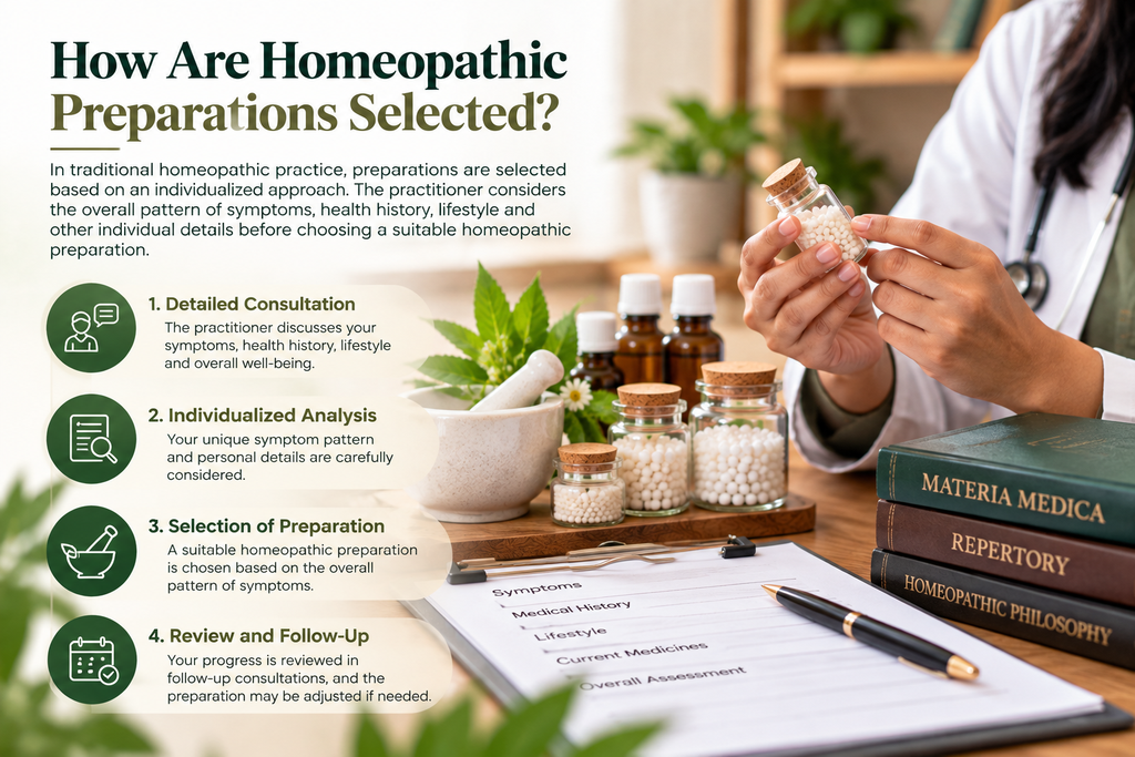 How homeopathic preparations are selected based on symptoms, health history and individual details
